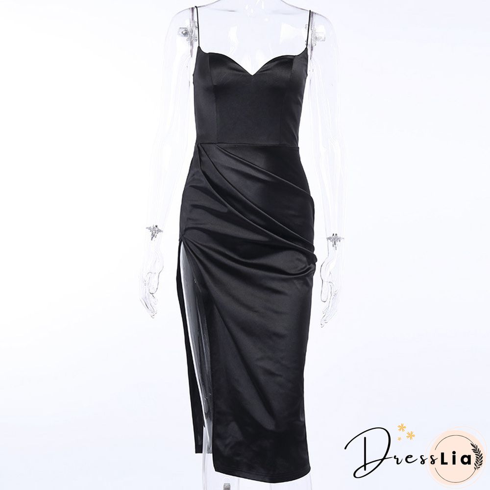 Black Silk Dress Women Sexy V-Neck Sleeveless Hight Split Hem Knee-Length Strap Dress Slim Summer Party Dresses Women
