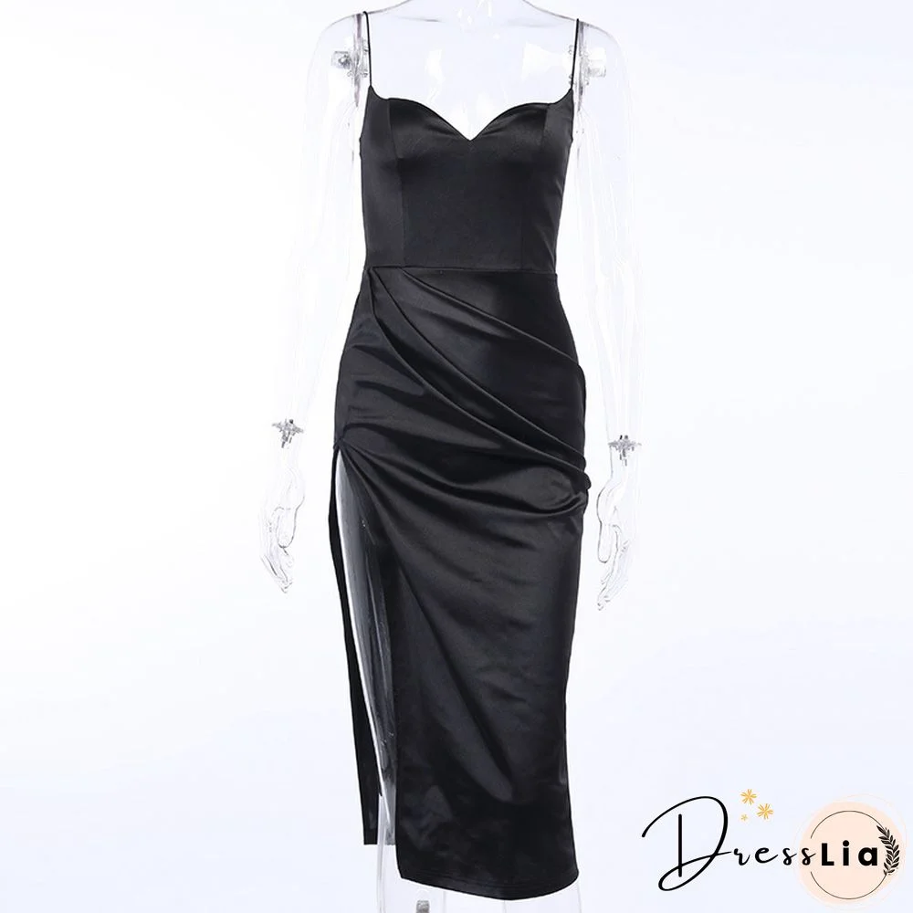Black Silk Dress Women Sexy V-Neck Sleeveless Hight Split Hem Knee-Length Strap Dress Slim Summer Party Dresses Women
