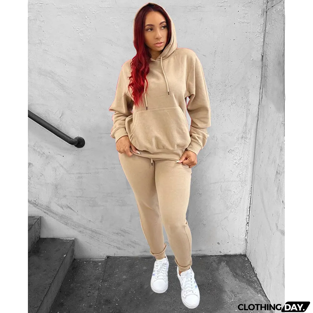 Women's Fall Winter Solid Hoodies Stretch Sport Casual Two-Piece Set