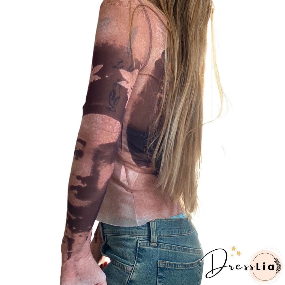 Y2k Women Long Sleeve T-shirt Anime Aesthetic Portrait Printing Mesh Yarn Round Neck Tops Goth Harajuku Streetwear