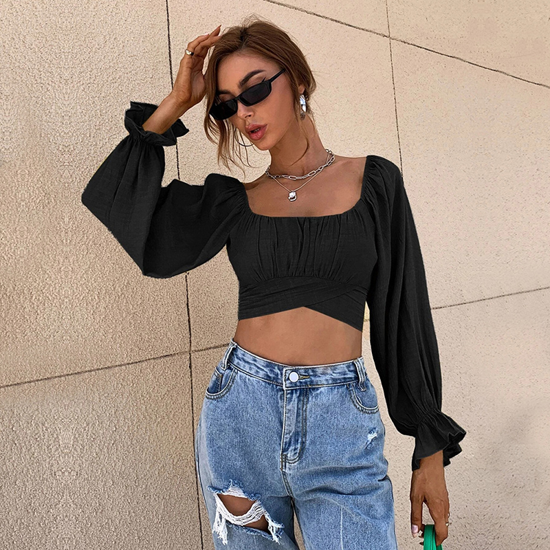 Fashion Retro Top Sexy Long Sleeve Casual Backless Bandage Blouses