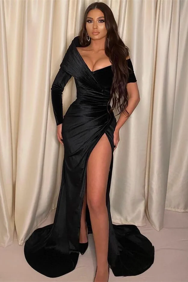 Daisda Black  Long Sleeves Prom Dress With Mermaid Split Off-The-Shoulder