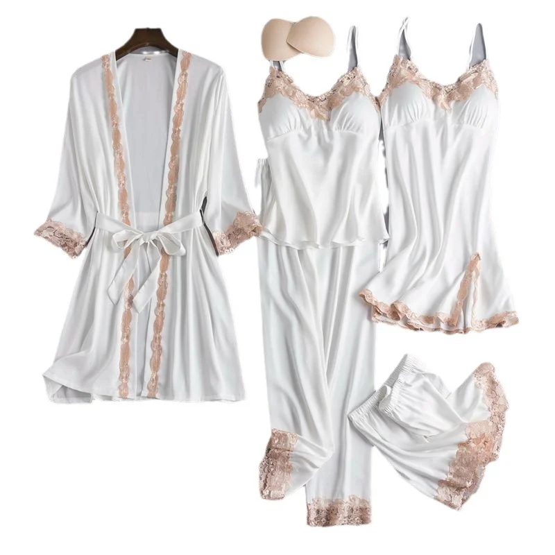 Uveng Uveng Pajamas With Thoracic Silk Sexy Slings Gold Five-Piece Set Of Pajamas Thin Homewear