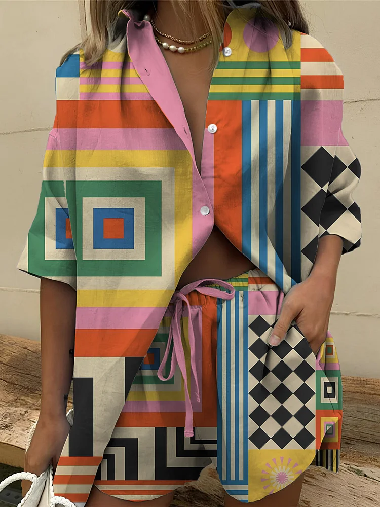 Women's Colorful Geometric Art Print Long Sleeve Shirt Shorts Set