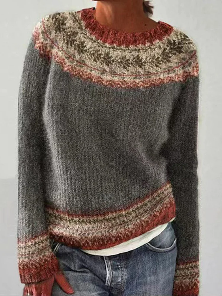 Retro Art Print Casual Pullover Sweater