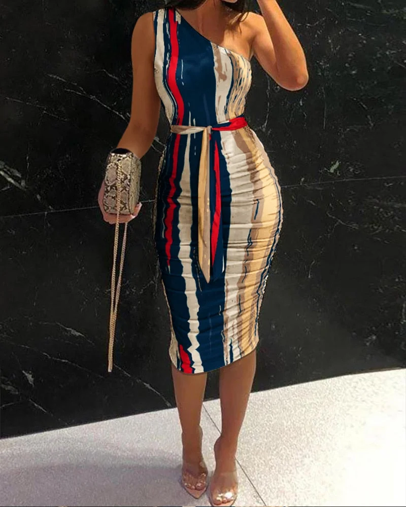 2021 Elegant Workwear Outfits One Shoulder Ruched Tie Front Muticolor Striped Sexy Midi Bodycon Dress Women's Club Party Dresses