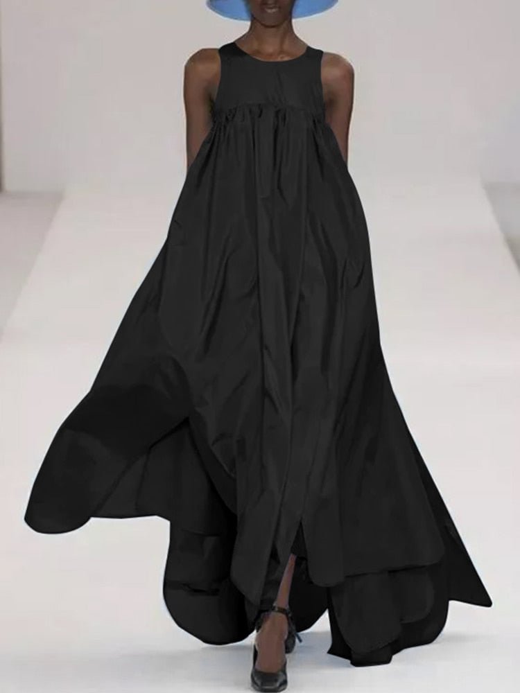 2022 Fashion Maxi Tank Dress Celmia Women Sleeveless O-neck A-line Robe Longue Summer Shirred Pleated Slit Hem Swing Sundress