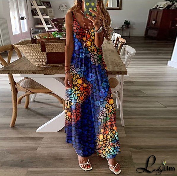 Stylish Women's V-Neck Dress with Positional Print and Loose Straps