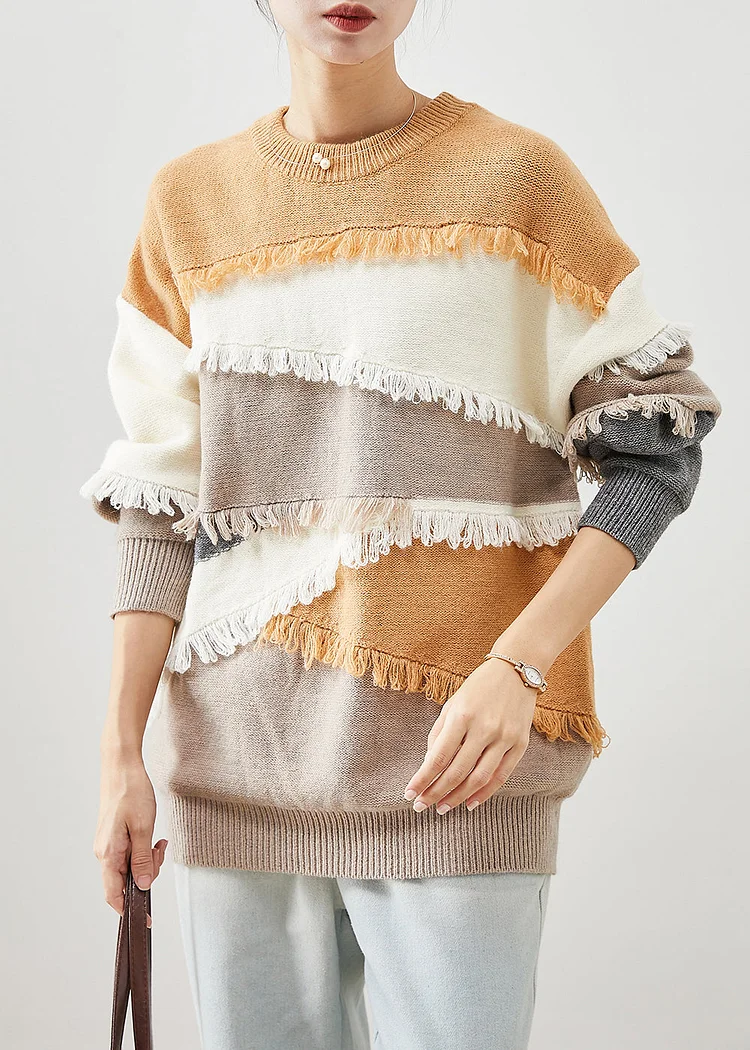 French Khaki Tasseled Patchwork Knit Short Sweater Winter