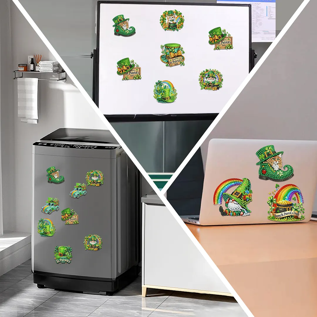 12Pcs St Patricks Day DIY Diamond Art Fridge Magnet Refrigerator Sticker Diamond Art Stickers Refrigerator Painting Kits for Beginners Adults DIY Craft Gifts Home Decors