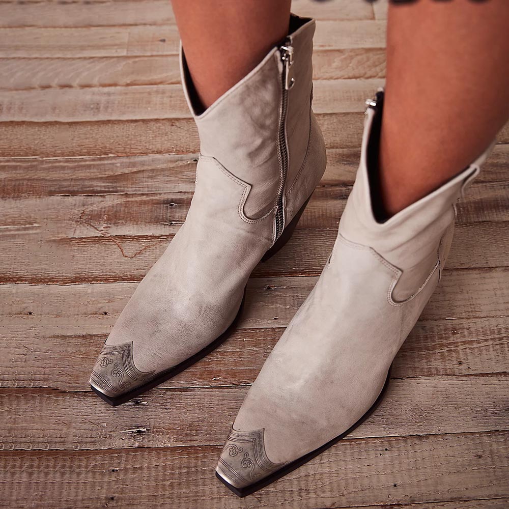Light Grey Vintage Metal Toe Zip Booties Stacked Heel Cowgirl Boots