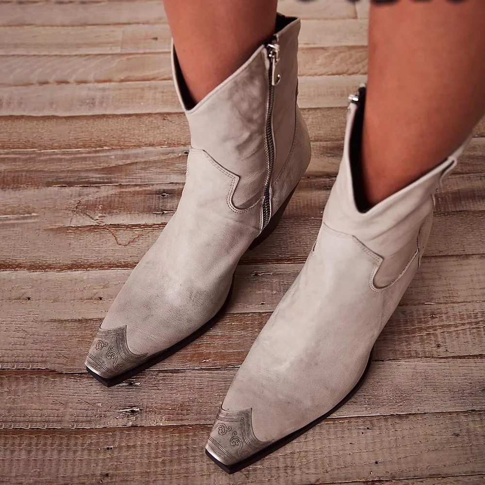 Light Grey Vintage Metal Toe Zip Booties Stacked Heel Cowgirl Boots Nicepairs