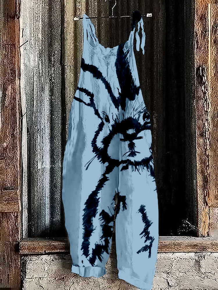 Comstylish Cute Rabbit Pattern Linen Blend Cozy Jumpsuit