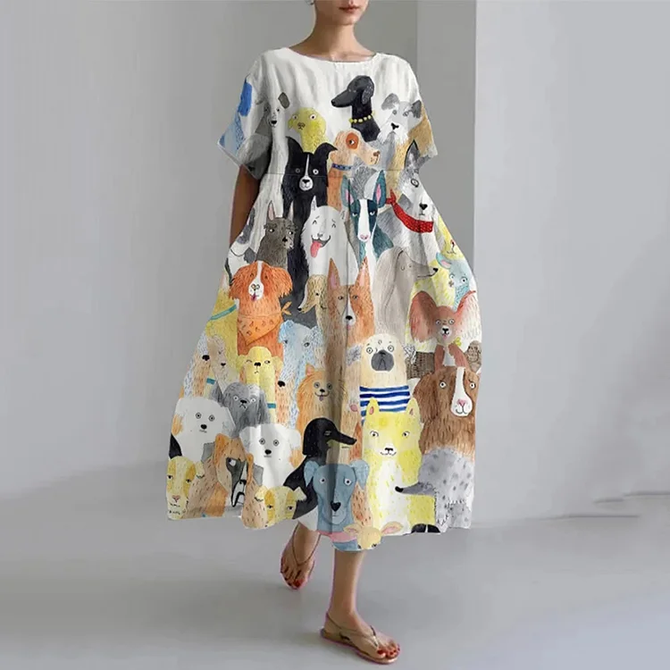 Women's Dogs Print Loose Midi Dress