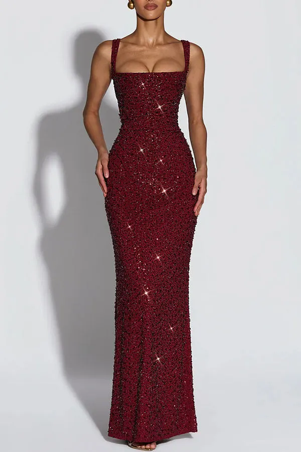 Calanthe Sequin Embellished Chiffon Ruched Square Neck Back Lace-up Maxi Dress