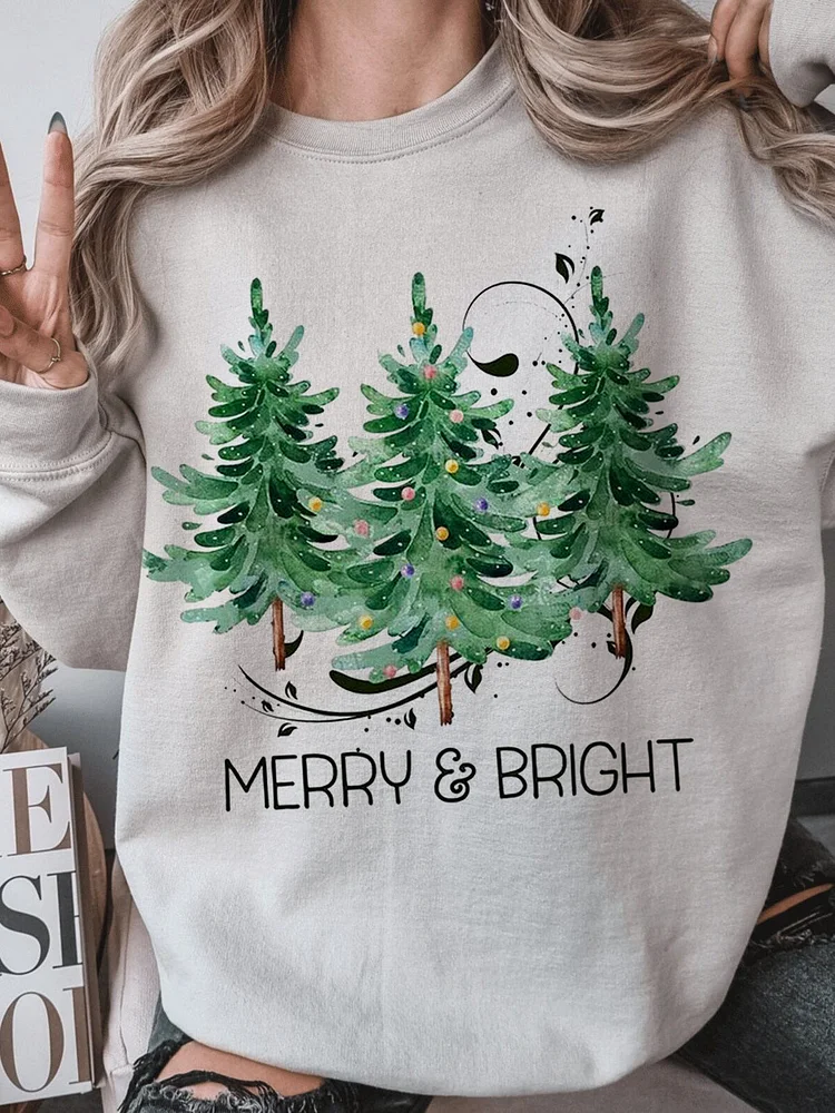 Women's Art Watercolor Xmas Tree Merry And Bright Print Sweatshirt