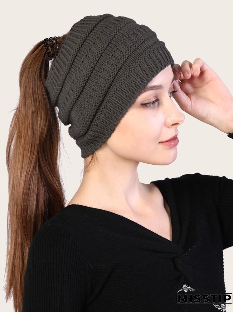 Solid Knitted Ponytail Beanie