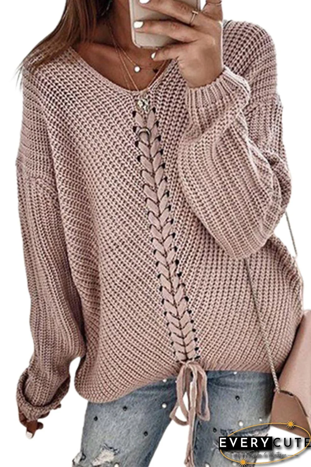 Pink V-neck Lace Up Knitted Sweater