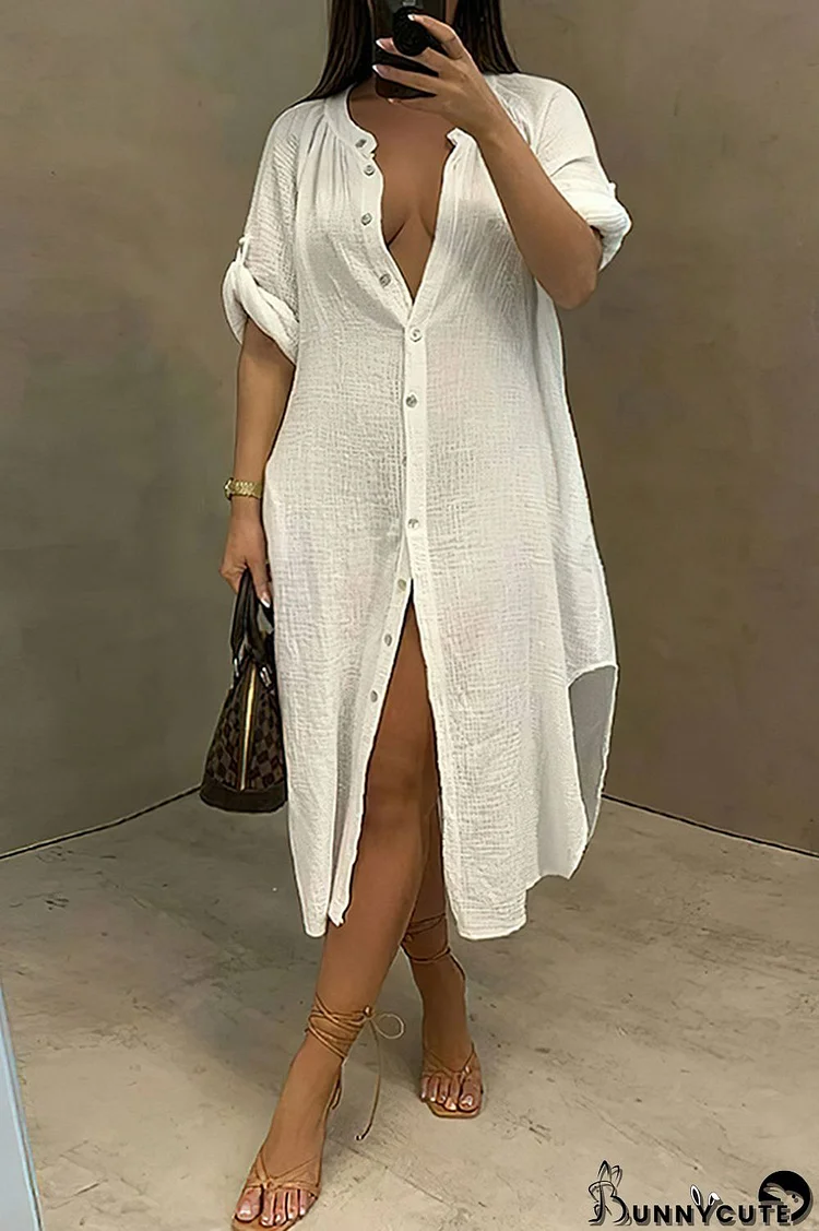 White Fashion Casual Solid Patchwork Turndown Collar Shirt Dress