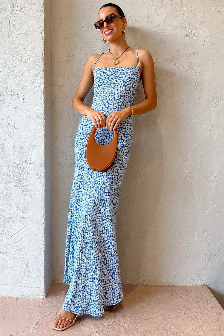 Ditsy Floral Print Crossover Tie Up Backless Cami Vacation Maxi Dresses