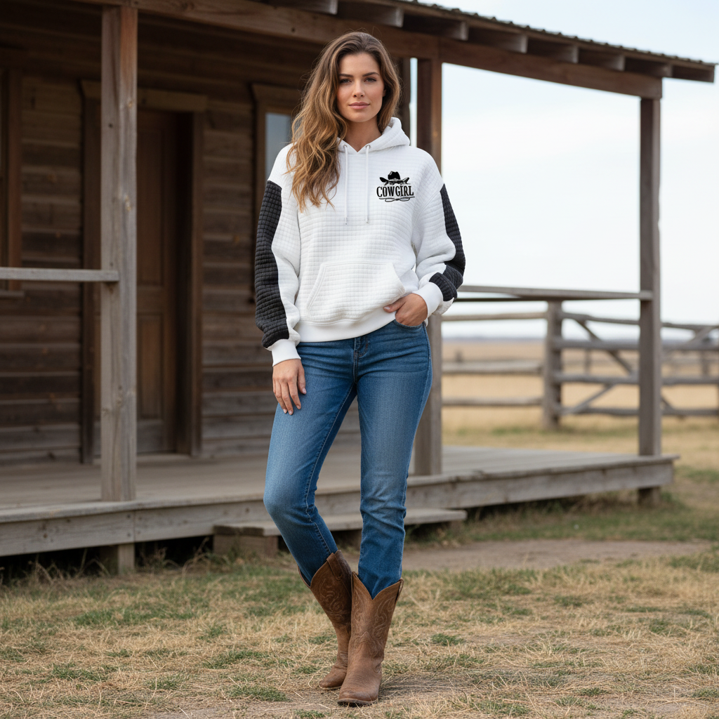 Women's Vintage Cowgirl White And Black Waffle Quilted Plaid Pocket Hoodie