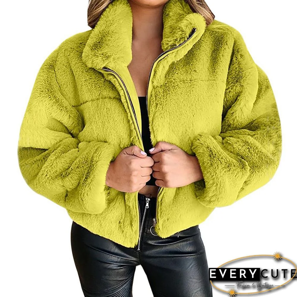 Fluorescent Green Faux Rabbit Fur Zipper Warm Coat