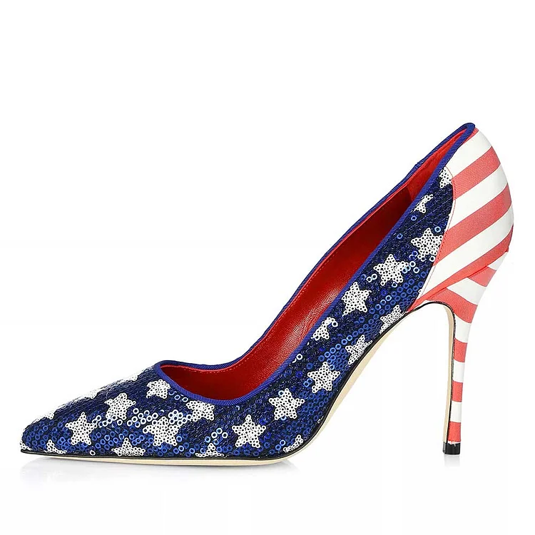 Blue & Red Sequin Sparkling Heels Pointed Toe American Flag Pumps |FSJ Shoes
