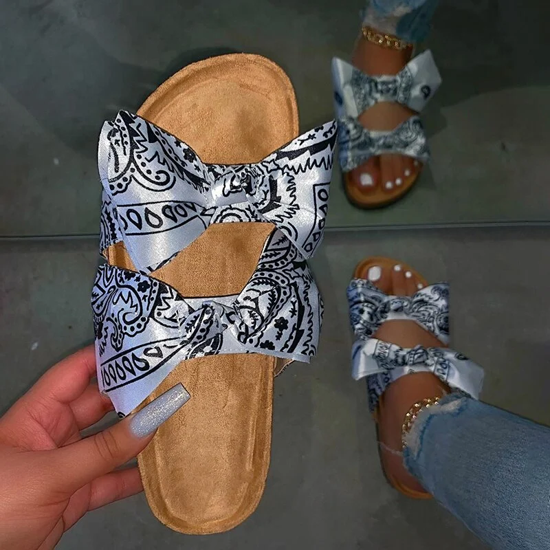 Women Sandals 2021 Summer Sandals For Women Double Bow Satin Cork Slippers Brand Beach Flat Shoes Sandles Sandalias Mujer