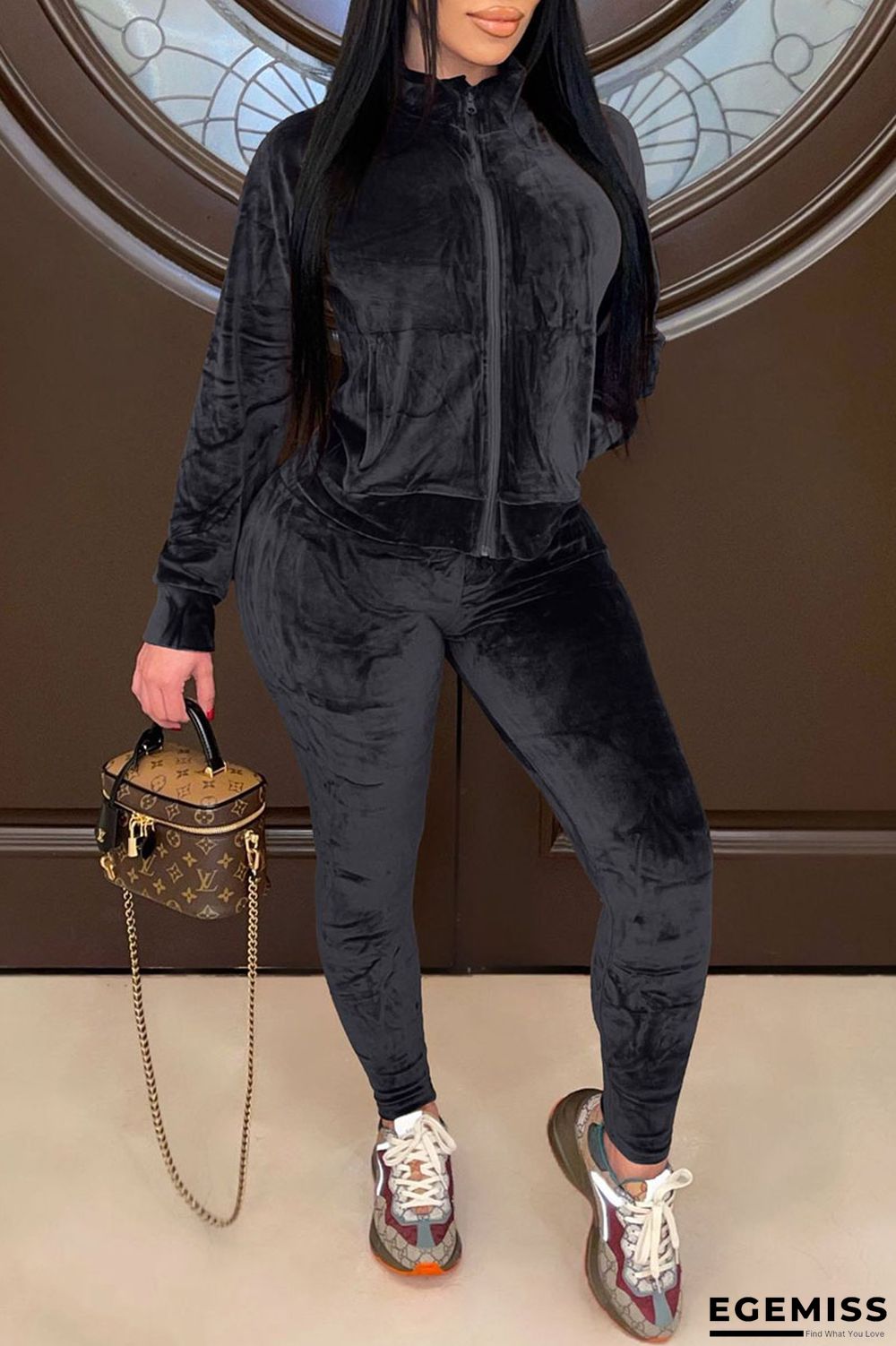 Black Casual Solid Patchwork Zipper Zipper Collar Long Sleeve Two Pieces | EGEMISS