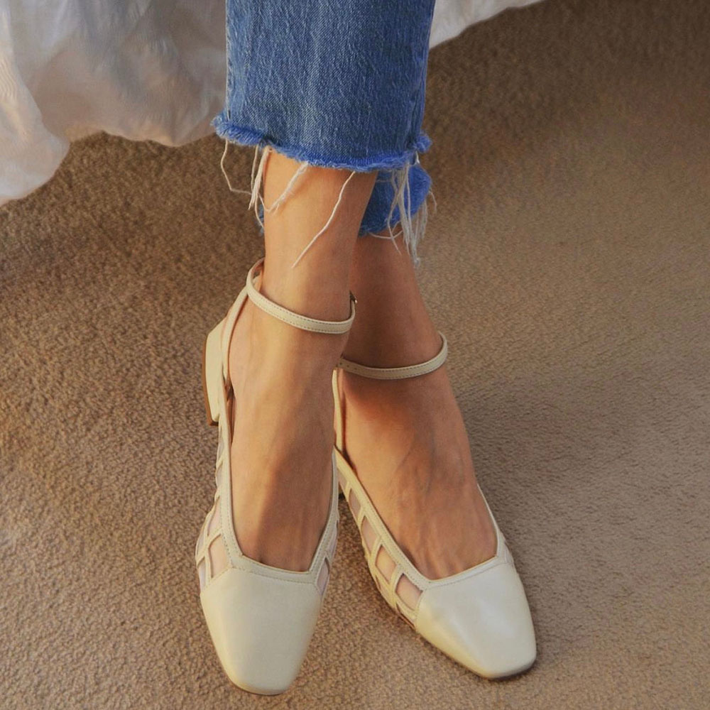 Ivory Vegan Leather Square Toe 4'' Chunky Heel Ankle Strap Pumps Nicepairs