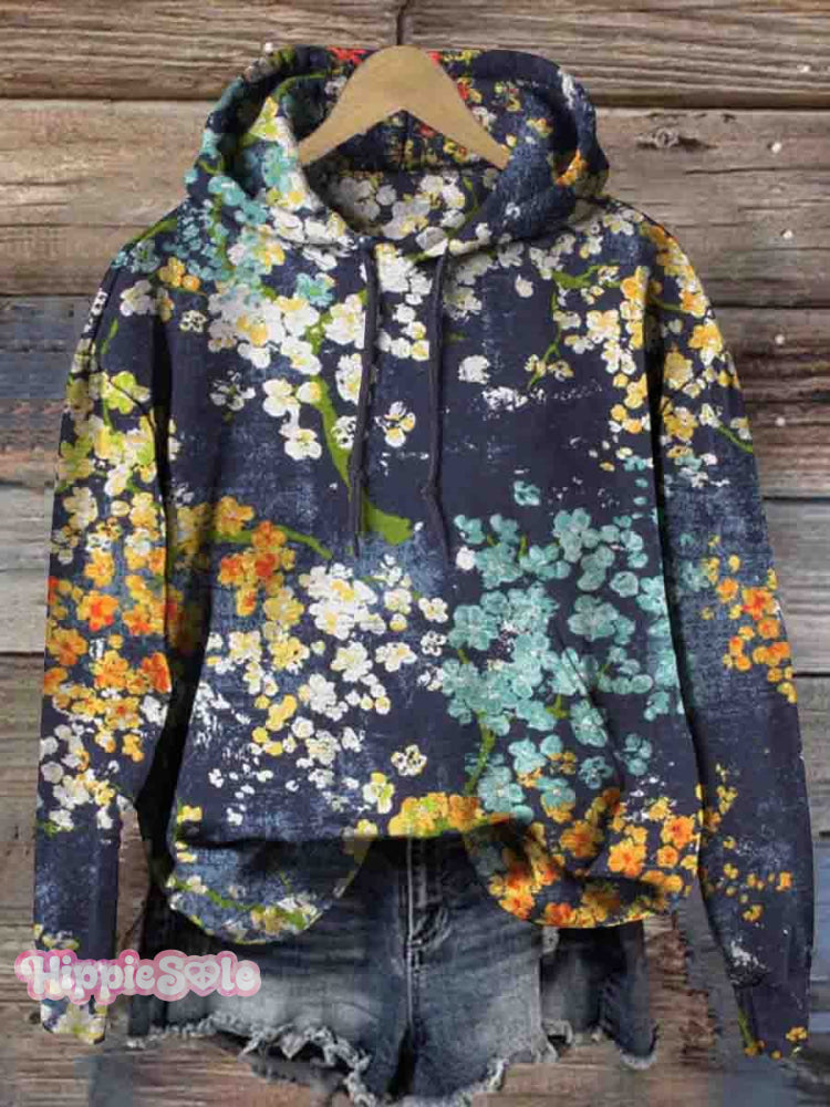 Women’s Vintage Floral Print Casual Pocket Hooded Sweatshirt Multicolor / S