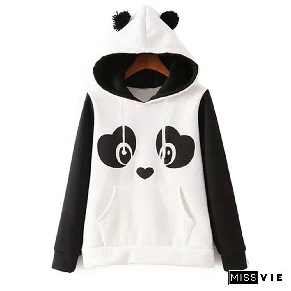 Kids Girls Teenage Lovely Panda Printed White Black Fleece Hoodie Tops Pullover Ign