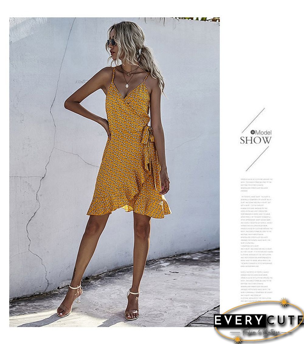 Summer Printing Irregular Ruffled Suspenders Dress Women