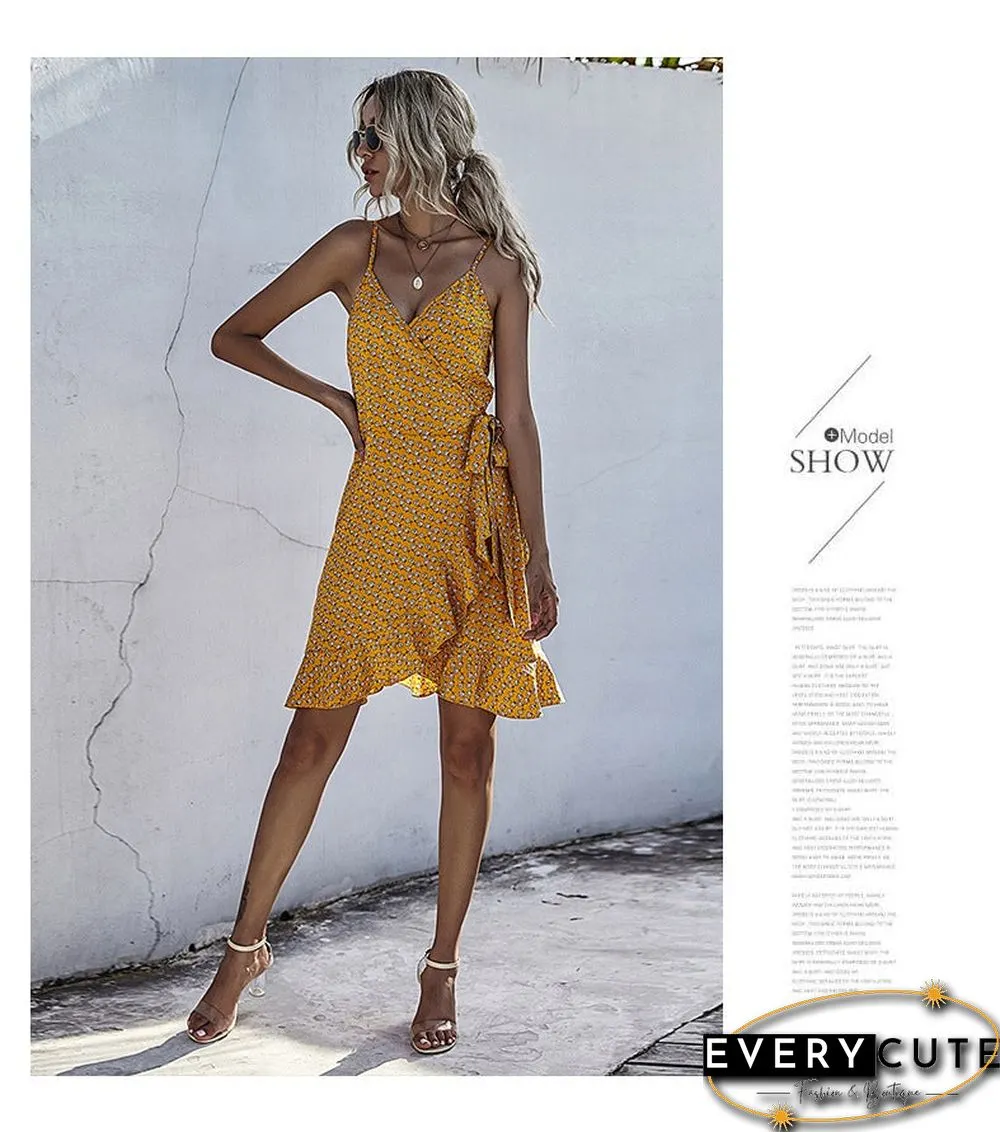 Summer Printing Irregular Ruffled Suspenders Dress Women
