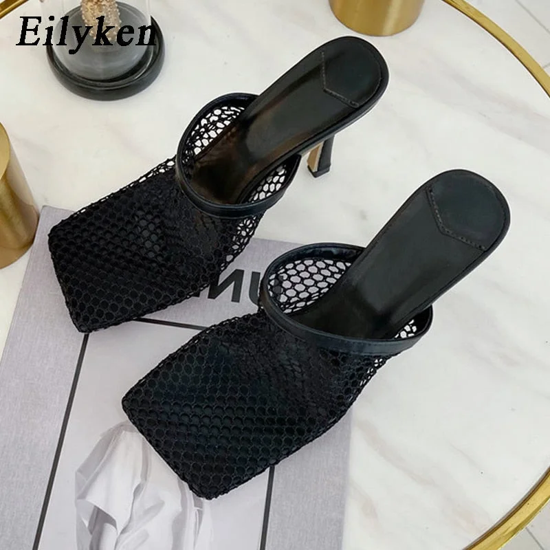 Eilyken 2022 New Hollow Breathable Mesh Woman Thin High Heels Slippers Summer Vintage Square Toe Mules Femme Shoes Pumps Sandals