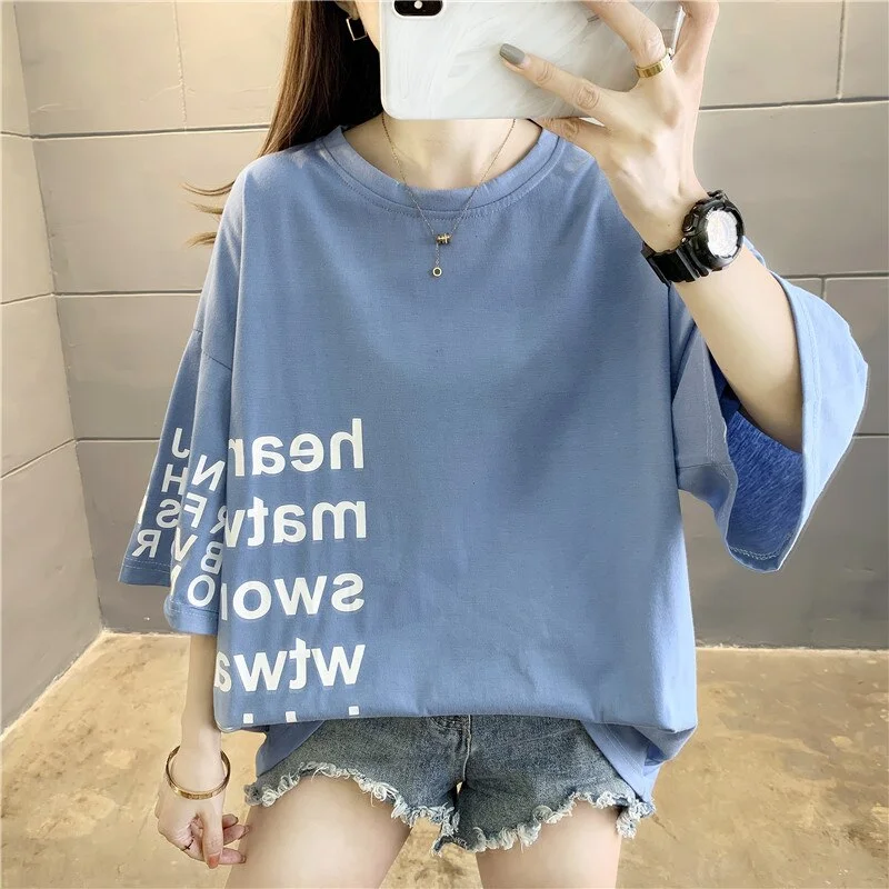 korean Women T-shirts Summer letter print black Tops Female T shirt Harajuku cotton oversized Casual Short Sleeve Woman Tshirts