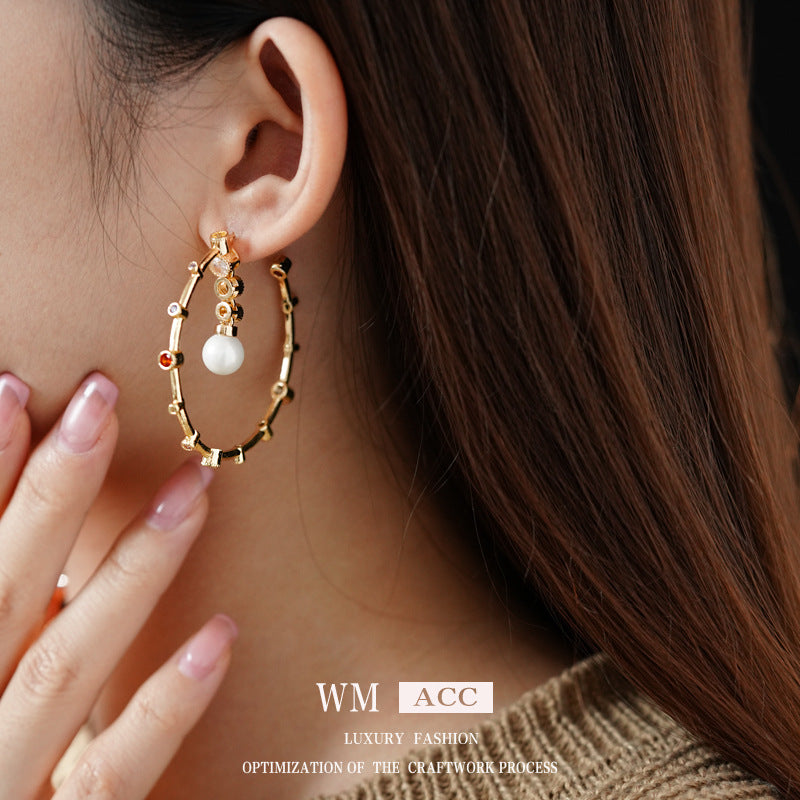 Luxurious Circle Round Geometric Artificial Pearl Zircon Inlay Earrings