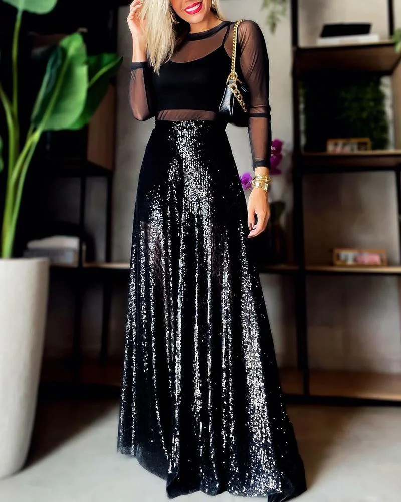 Sexy Tulle Long Sleeve Top & Sequin Wide Leg Pants Two Piece Set