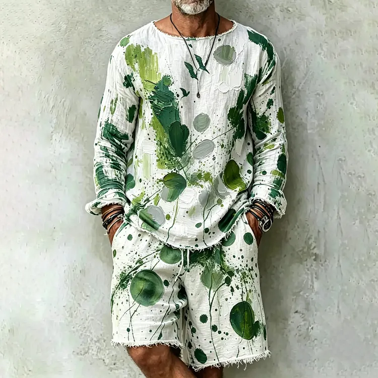 Men's Retro Abstract Art Print T-shirt And Shorts Two Piece Set