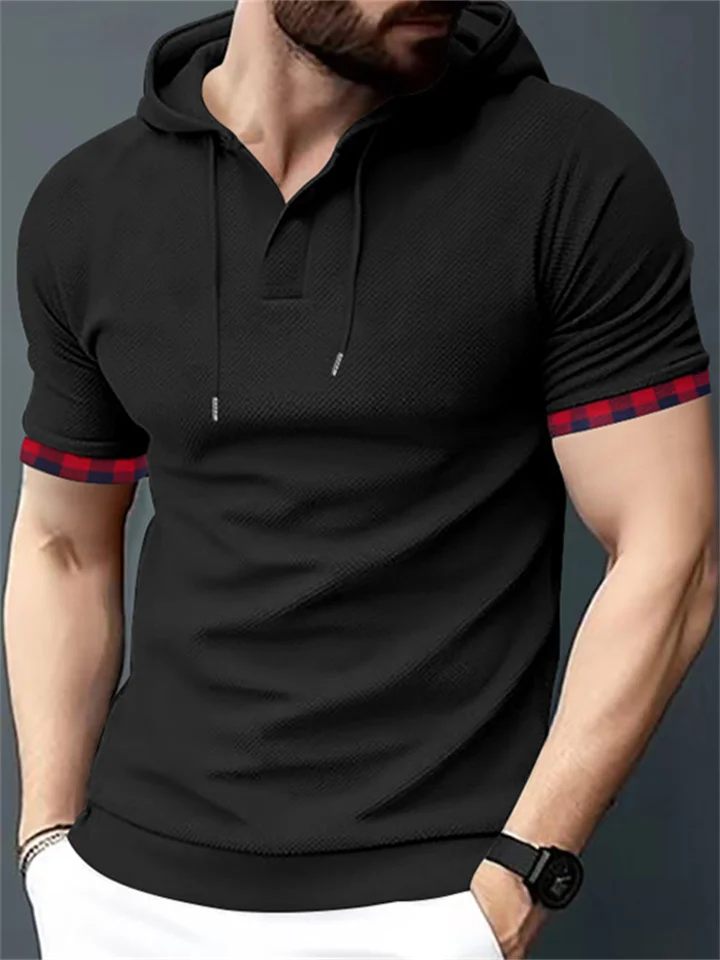 Men's Spring and Summer Casual Sports Men's Short-sleeved T-shirt Tops Large Size Waffle Hoodie-Cosfine