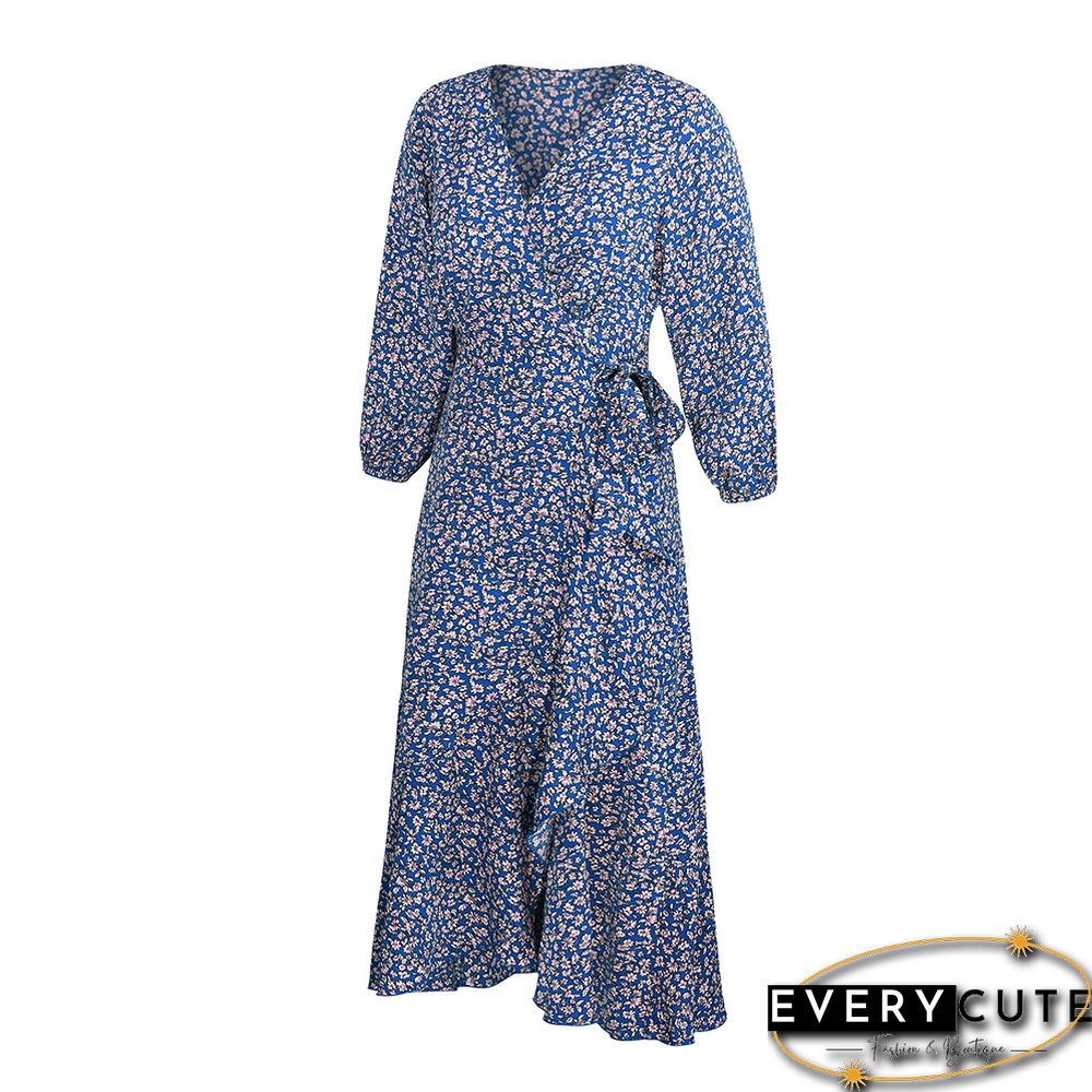 Blue Tie Waist Ruffle Swing Floral Dress