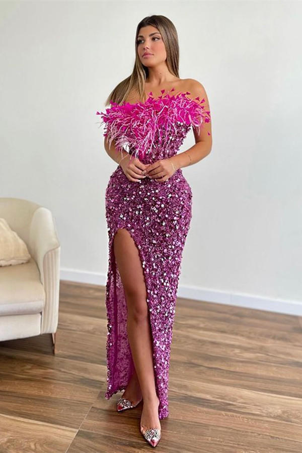 Bellasprom Purple Strapless Prom Dress Mermaid Sequins Long With Feather Split Bellasprom