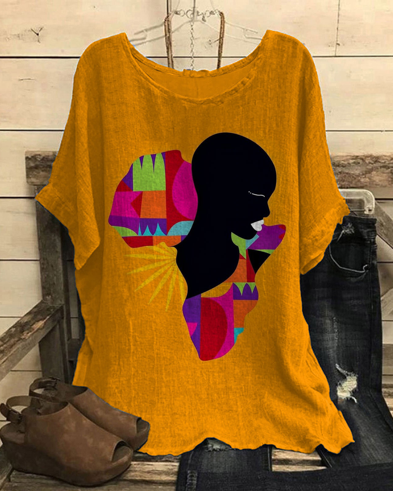 African Girl Colorful Map Print Short Sleeve Casual Linen Blend Tunic