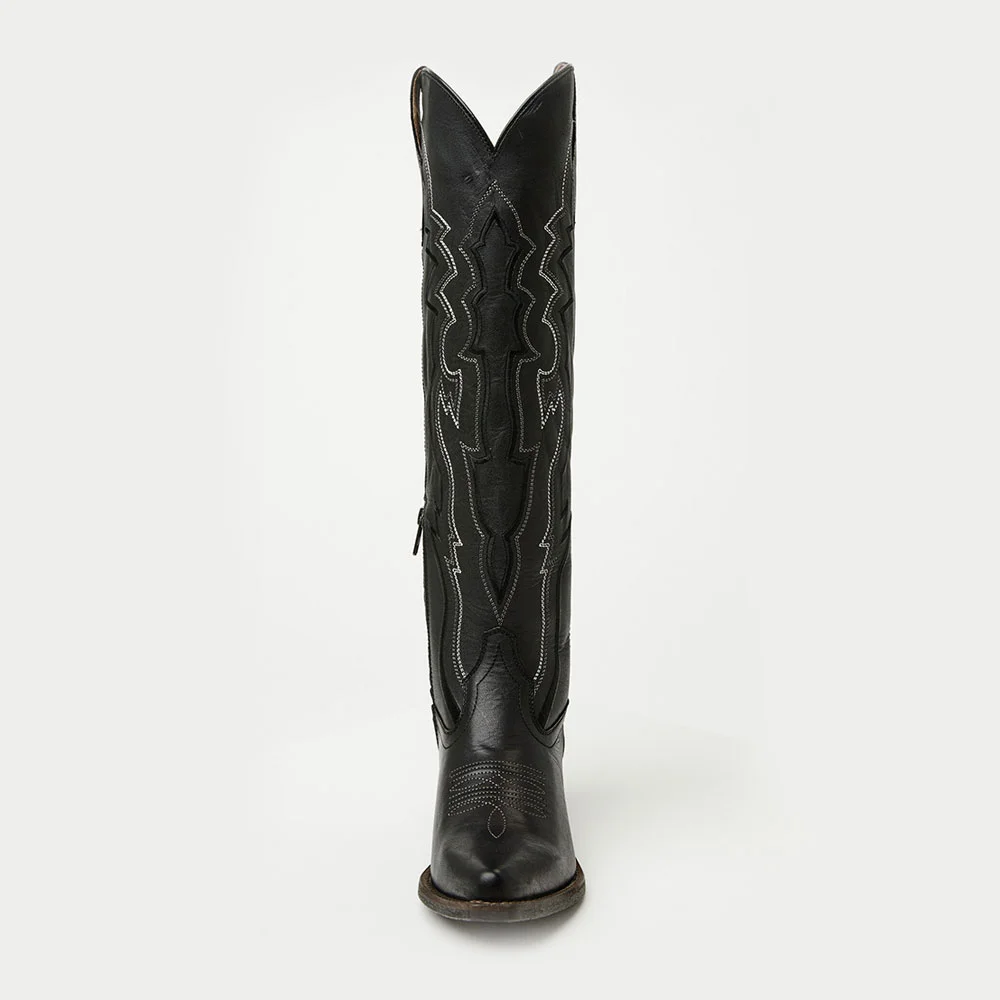 Black Lace-Up Block Heel Knee High Embroidered Cowgirl Boots