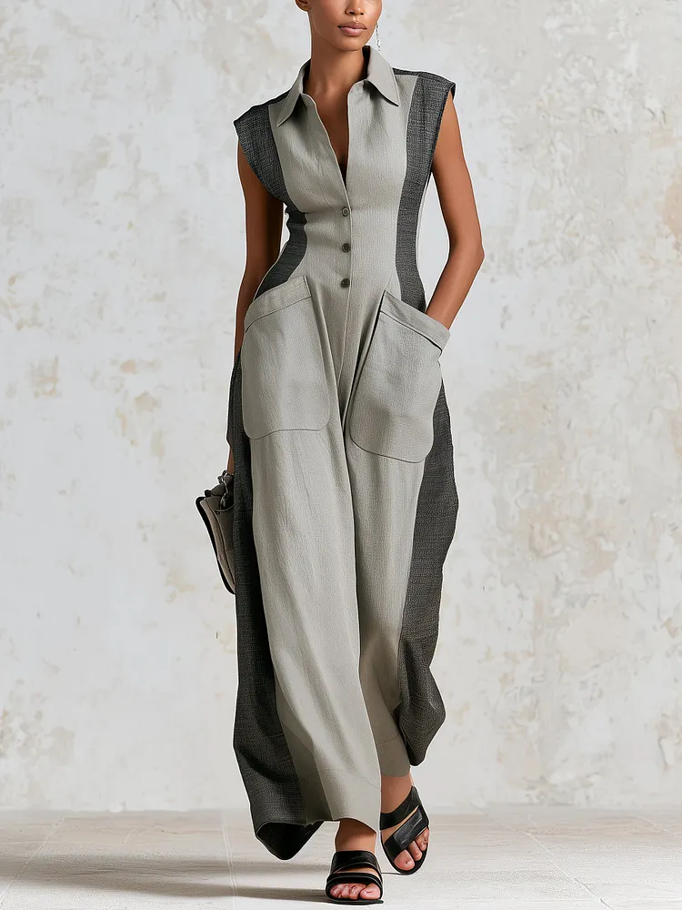 Women's Color-Block Sleeveless Jumpsuit &ndash; Elegant, Slim-Fit Wide-Leg Jumpsuit With Functional Pockets
