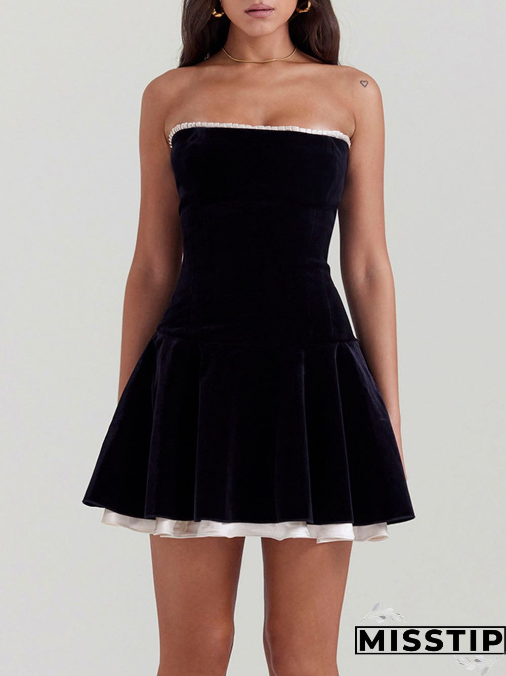 MARILLA BLACK VELVET STRAPLESS DRESS  - Black