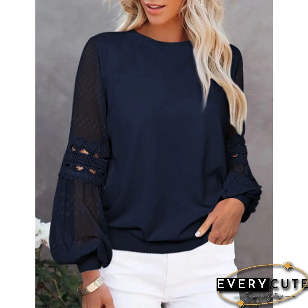 Navy Blue Splicing Hollow-out Lantern Sleeve Tops