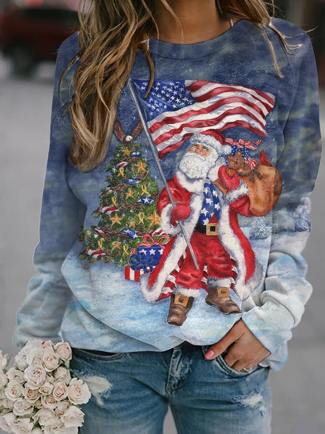 Women's Christmas Santa And USA Flag Print Sweatshirt