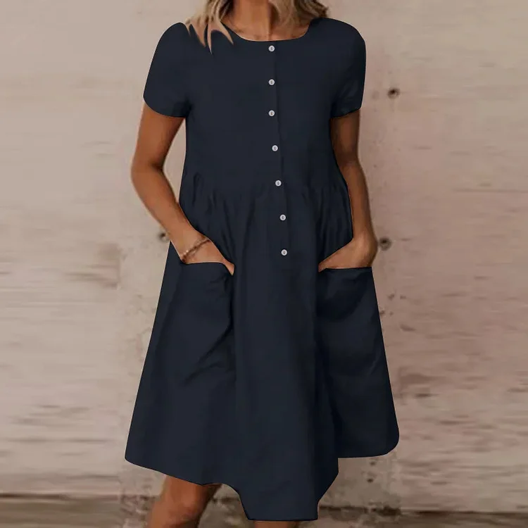 Women's Crew Neck Button Pocket Short Sleeve Solid Color Cotton and Linen Dress