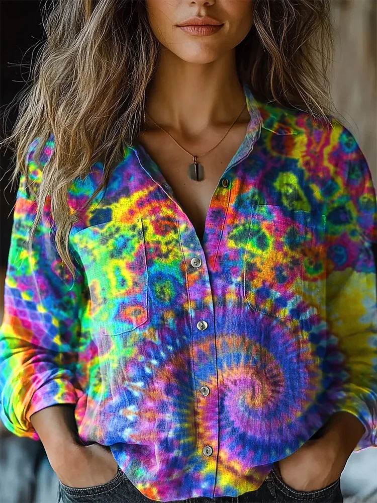 Women's Trippy Tie Dye Kaleidoscope Print Casual Long Sleeve Comfortable Cotton Shirt